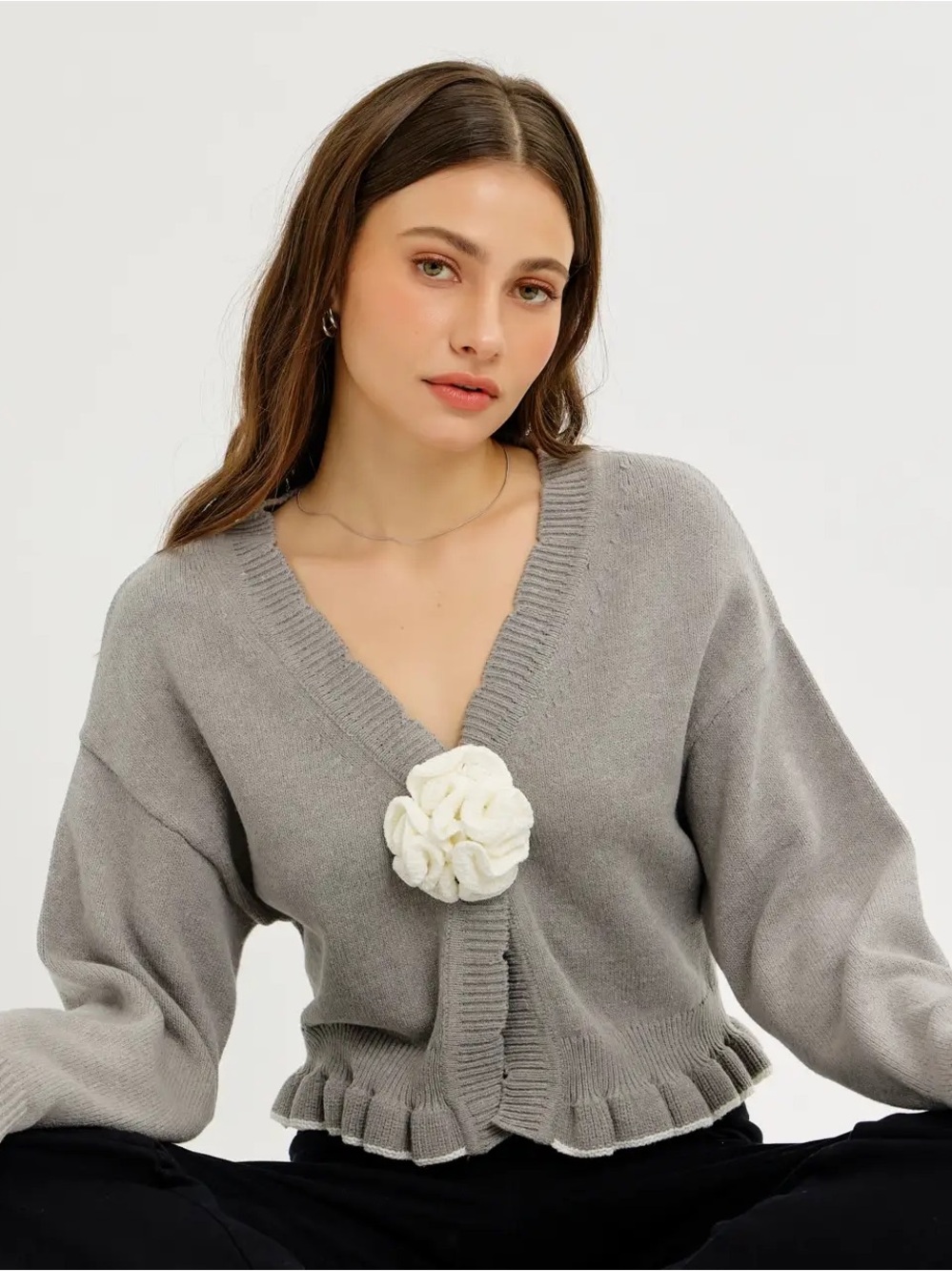 NWT V-Neck Gray Ruffle-Hem Sweater with Floral Accent